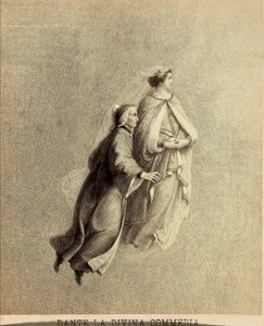 Dante und Beatrice fliegen durch das Firmament des Paradieses. Illustration des Canto I von Paradiso aus der Göttlichen Komödie von Dante Alighieri. Werk von Francesco Scaramuzza, gewidmet der Gemeinde Florenz. von Unbekannter Künstler