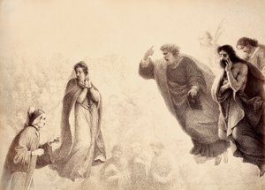 Dante und Beatrice vor den leuchtenden Geistern der Apostel Petrus, Jakobus und Johannes. Petrus hat seinen Arm in einem Zeichen des Zorns erhoben. Illustration von Canto XXVII in Paradiso der Göttlichen Komödie von Dante Alighieri. Werk von Francesco Scar von Unbekannter Künstler