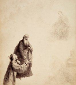 Dante, unterstützt von St. Bernhard, sieht Beatrice auf einem Thron unter den Seligen in einem Lichtschein sitzen. Illustration von Canto XXXI in Paradiso der Göttlichen Komödie von Dante Alighieri. Werk von Francesco Scaramuzza, gewidmet der Gemeinde Flor