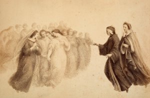 Dante zusammen mit Beatrice und den seligen Geistern. Illustration von Canto XXXIII in Paradiso der Göttlichen Komödie von Dante Alighieri. Werk von Francesco Scaramuzza, gewidmet der Gemeinde Florenz