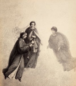 Dante, von Beatrice gedrängt, spricht mit einem frommen Geist. Illustration von Canto V in Paradiso der Göttlichen Komödie von Dante Alighieri. Werk von Francesco Scaramuzza, gewidmet der Gemeinde Florenz.