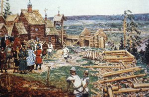 Darstellung des Baus des Moskauer Kremls aus Holzstämmen unter der Herrschaft von Juri Dolgoruki im 12. Jahrhundert von Unbekannter Künstler