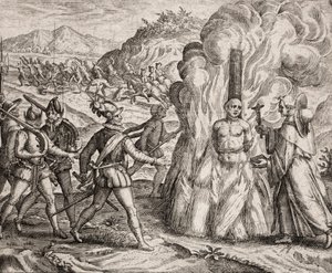 Beschreibung der Verbrechen an den Indianern durch die spanischen Kolonisten - Konquistadoren verbrennen einen Indianer, der sich weigerte, zum katholischen Glauben zu konvertieren. Religiöse des Franziskanerordens (Gravur) "Narratio regionum indicarum per von Unbekannt