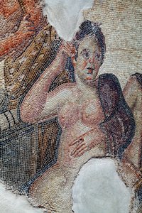 Detail des Panels, das Leda, Königin von Sparta, in Begleitung der lakedämonischen Mädchen zeigt, die im Begriff sind, ein Bad im Eurotas-Fluss zu nehmen - Sie wird von Zeus in Gestalt eines Schwans angesprochen - Paphos-Mosaiken, Haus des Aion, 3. Jahrhun