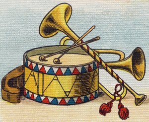 Trommel und Trompete. Gravur in "Alphabet de ma petite fille". Bernardin-Bechet und Fils, Buchhändler-Verleger, Paris, um 1895. Unzerbrechliches Album auf Leinwand. Bibliotheque des Bebes. 12 Seiten. Album mit einer Lesemethode und einem illustrierten Abec