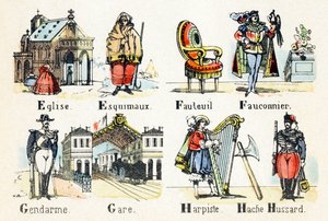 E Kirche Eskimos - F Sessel Falkner - G Gendarm Bahnhof - H Harfenspieler Axt Husar - Alphabet - Kinderunterhaltung - Image Epinal, populäre Serie ca. 1890 von Unbekannt