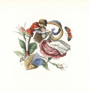 Elf flirtet mit einer Fee auf einer Rosenblüte. Handkolorierter Holzschnitt von Edmund Evans nach einer Illustration von Richard Doyle aus In Fairyland, einer Serie von Bildern aus der Elfenwelt, Longman, London von Unbekannter Künstler