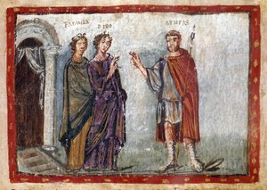 Episode aus Vergils Aeneis (70-19 v. Chr.): Darstellung von Aeneas und Dido. Dido versucht, Aeneas zurückzuhalten. Dido wird in Verzweiflung Selbstmord begehen. Miniatur aus 