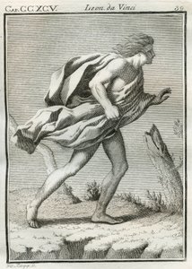 Studie eines Mannes, der gegen den Wind geht, mit vom Wind zerzausten Kleidern und Haaren und nach vorne geneigtem Körper. Gravur aus „Trattato della pittura“ von Leonardo da Vinci (1452-1519) von Unbekannt