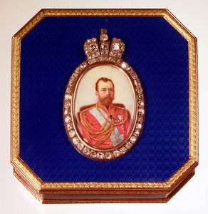 Fabergé-Blaue-Emaille-Box mit Porträt von Zar Nikolaus II. von Unbekannt