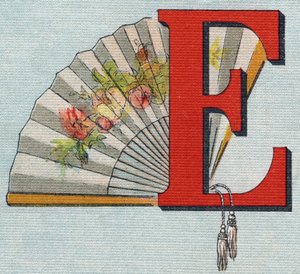 Fächer. Gravur in "Alphabet de ma petite fille". Bernardin-Bechet und Fils, Buchhändler-Verleger, Paris, um 1895. Unzerbrechliches Album auf Leinwand. Bibliotheque des Bebes. 12 Seiten. Album mit einer Lesemethode und einem illustrierten Abecedarium.