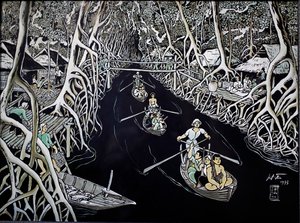 Kunstmuseum, Ca Mau Guerrillas von Thai Ha, Lackgravur, Ho-Chi-Minh-Stadt, Vietnam, 2018