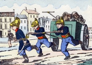 Feuerwehrleute. Gravur in "Alphabet militaire enfantin". Bildgebung von Pont-a-Mousson, um 1890. 20 Seiten.