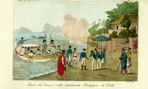 Erste Ankunft in der portugiesischen Siedlung in Dille, Timor, heute Dili, Osttimor
