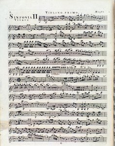 Erste Seite der Partitur für Violine in Sinfonie Nr. 2 von J. Haydn
