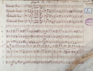 Erste Seite der Partitur für vier Celli der Symphonie Nr. 7 in A-Dur, op. 92, von Ludwig van Beethoven
