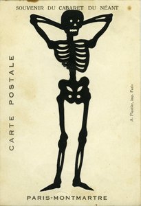 Frankreich, Île-de-France, Paris (75): Werbung für das Kabarett du Neant de Montmartre, das ein Skelett darstellt von Unbekannter Künstler