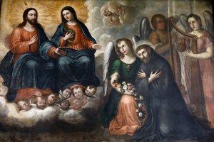 Fray Pedro Gocial Museum im Kloster San Francisco, Quito, Ecuador. Gemälde, das Jesus und Maria zeigt, die San Francisco erscheinen (Fotografie) von Unbekannter Künstler