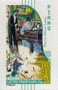 Französische Briefmarke mit einer Pianistin, nach einem Gemälde des französischen Künstlers Pierre-Désiré Lamy von Unbekannt