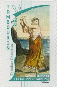 Französische Briefmarke mit einer Zigeunerin, die Tamburin spielt, nach einem Gemälde des französischen Künstlers Théodore Chassériau von Unbekannt