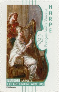 Französische Briefmarke mit einer Frau, die Harfe spielt, nach einem Gemälde des französischen Künstlers François-André Vincent von Unbekannt