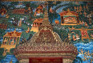Fresko und architektonisches Detail, Wat That, große heilige Stupa, die im 20. Jahrhundert in Luang Prabang wieder aufgebaut wurde (Unesco-Welterbeliste)