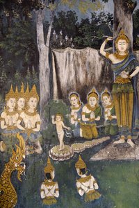 Fresko, das eine Szene aus dem Leben des Buddha darstellt, im Wat Phra Doi Suthep, Chiang Mai, Thailand. Buddha als Kind von Unbekannt