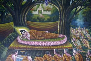 Fresko, das den Eintritt des Buddha ins Nirvana darstellt, im Wat Chiang Mun, Chiang Mai. Eintritt des Buddha ins Parinirvana. Thailand von Unbekannt