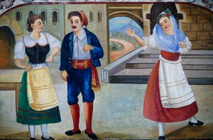 Galante Szene mit kostümierten Figuren, Holztafelmalerei, sizilianisches Kunsthandwerk, Sizilien, Italien, Detail von William M. Timlin