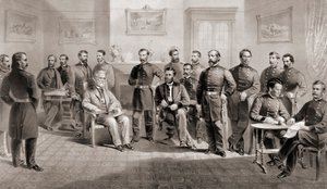 General Ulysses S. Grant (sitzend Mitte rechts) und General Robert E. Lee (sitzend Mitte links) mit ihrem jeweiligen Stab im Appomattox Courthouse, Virginia, wo General Lee die Armee von Nord-Virginia übergab und damit den Amerikanischen Bürgerkrieg beende von Unbekannt