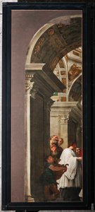 Genua, Duomo (St. Laurentius-Kathedrale), innen, linkes Seitenschiff, Originaltüren der Orgel des südlichen Querschiffs: "Hl. Laurentius verteilt den Kirchenschatz an die Armen" (1635), von Andrea Ansaldo von Unbekannter Künstler