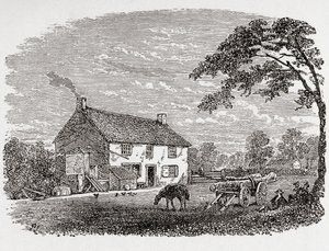 George Stephensons Geburtsort. Ein Steinhaus aus dem 18. Jahrhundert, Heimat von George Stephenson, Wylam, Northumberland, England, hier im 19. Jahrhundert zu sehen. Aus Great Engineers, veröffentlicht ca. 1890