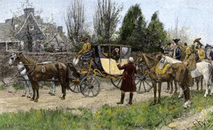 George Washington (1732-1799) wird von seinen Nachbarn begrüßt, als er 1789 Virginia verlässt, um seine Pflichten als Präsident der Vereinigten Staaten zu übernehmen (Farbstich des 19. Jahrhunderts) von Unbekannter Künstler