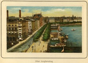 Deutschland, Hamburg, Alter Jungfernstieg, nahe dem Alstersee, Illustration aus: „Ansichten-Album Hamburg“, veröffentlicht von C. Schneider, Berlin NW, ca. 1890 (Lithographie)