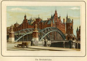 Deutschland, Hamburg, die „Brooksbrücke“ und im Hintergrund die Speicherstadt, ca. 1890 (Lithographie) von Unbekannter Künstler