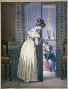Mädchen lauscht dem privaten Gespräch zweier Liebender, ca. 1820 von Unbekannter Künstler
