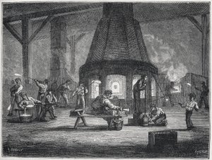 Glasherstellung in der zweiten Hälfte des 19. Jahrhunderts: Kinder bei der Arbeit, ca. 1880 (Gravur) von Unbekannter Künstler