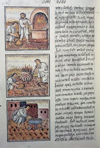 Goldproduktion durch die Spanier, Seite aus dem Florentiner Kodex, zweisprachige Version in Spanisch und Nahuatl, Allgemeine Geschichte der Dinge von Neuspanien, von Fray Bernardino de Sahagun von William M. Timlin