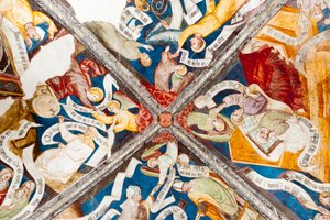 Gotisches Fresko; Lob der Tugend; Tadel des Lasters; mit Schrift; 10. Kreuzgang; Kathedrale; Brixen; Südtirol; Italien; Europa von Unbekannt