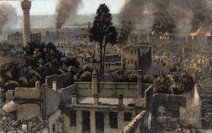 Griechenland, Saloniki (oder Thessaloniki): Blick auf die teilweise verbrannte Oberstadt, wahrscheinlich während des Brandes von 1917 - Postkarte 1914-1918
