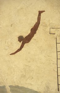 Griechische Kunst: Fresko des Grabes des Tauchers, Paestum, Region Kampanien, Italien. Tomba del Tuffatore, Wandmalerei, Archäologischer Park Paestum, Kampanien, Italien