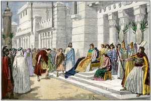 Griechische und römische Mythologie: Dido (oder Elissa), legendäre Gründerin und erste Königin von Karthago (Tunesien), empfängt Aeneas, den Helden des Trojanischen Krieges und Gründer von Lavinium, ursprünglich aus Rom (Italien). Kolorierte Gravur des 19. von Unbekannter Künstler