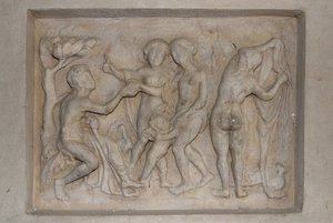 Griechische Mythologie: das Urteil des Paris. Der Hirte Paris muss die schönste der drei Göttinnen aus Aphrodite (Venus), begleitet von Amor, Hera (Juno) und Athena (Minerva) wählen. Er wählt Aphrodite, der er einen goldenen Apfel überreicht. Relief