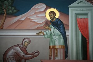 Griechisch-orthodoxe Ikone, die Christus vor Maria Magdalena darstellt. Thessaloniki, Griechenland