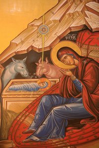 Griechisch-orthodoxe Ikone, die die Geburt Christi darstellt Thessaloniki Griechenland von Unbekannt