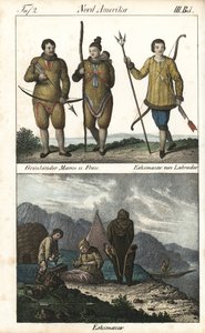 Grönländer in Fellen und ein Inuit aus Labrador (Kanada) mit einem Dreizack. Unten eine Alltagsszene des Inuit-Familienlebens vor einem Iglu, einem Zelt und einem Kanu, Nordamerika. Lithographie aus dem Buch: „Galerie complète en tableaux fidèles des von Unbekannter Künstler