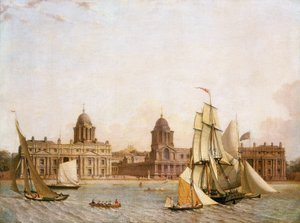 Greenwich Hospital (England), von Isle of Dogs (Nordufer der Themse), mit der Navigation einer Vielzahl von Booten auf dem Fluss, um 1830-1840