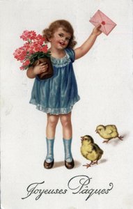 Grußkarte zu Ostern: ein kleines Mädchen bringt einen versiegelten Brief, begleitet von zwei Küken - Postkarte Ende 19.-20. Jahrhundert von Unbekannt