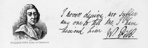 Handschrift und Unterschrift von William Pitt dem Älteren, aus einem Brief an den Earl of Exeter von Unbekannt