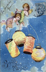 Neujahrskarte: Zwei Engel mit Laternen - Postkarte von 1905